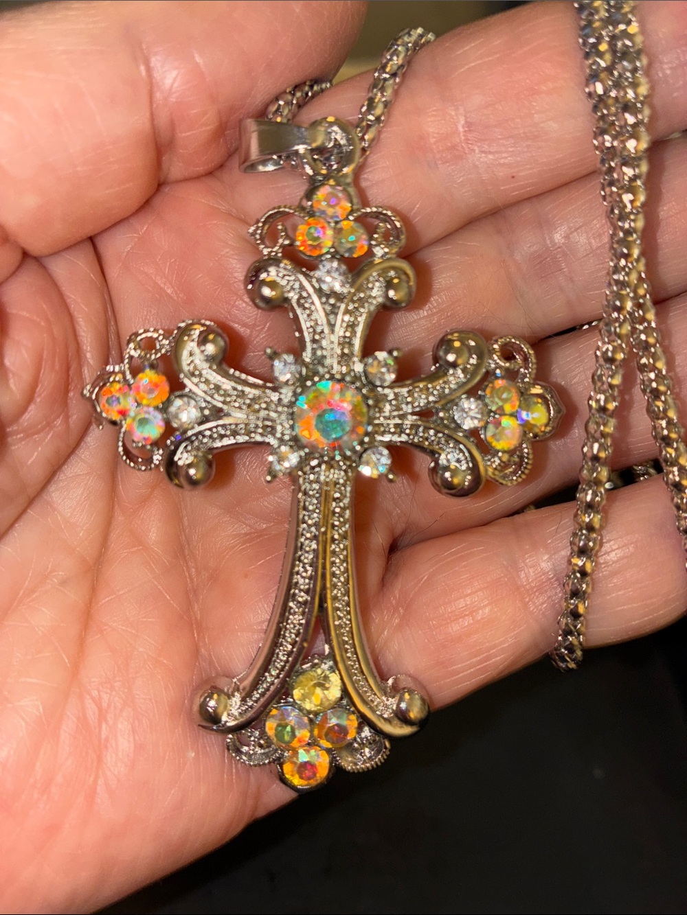 Silver Cross Pendant Necklace with Aurora Borealis Crystals